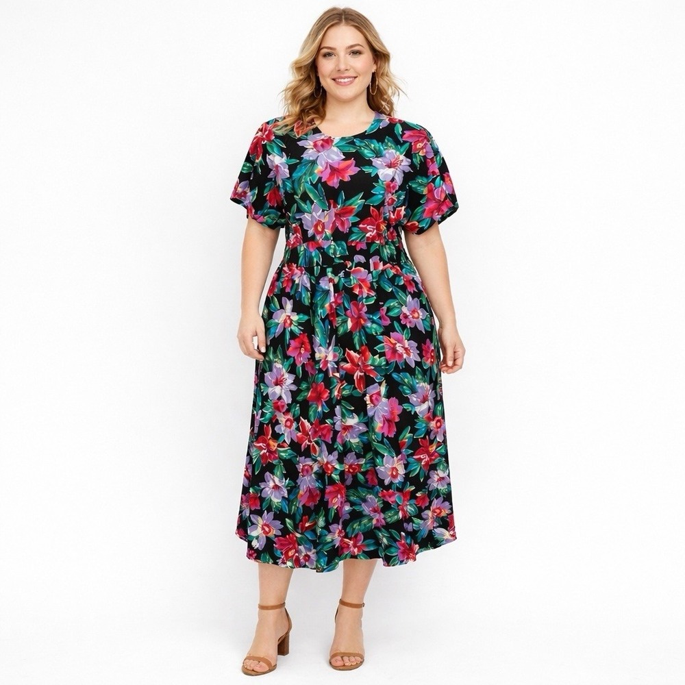 Vintage 80s Stuart Alan Floral Cotton Midi Dress Size 16 Cottagecore Fit & Flare